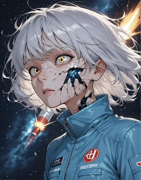 girl,white hair,blue jumpsuit,rocket, space,cracked skin,detailed face, high quality,8k,face_up,realism  <lora:ya_cracked_skin :1>