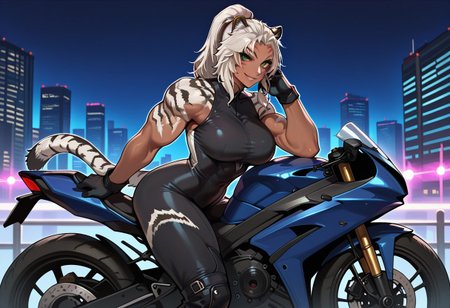masterpiece, best quality, good quality, 1girl, white hair, ponytail, tall female, toned, tiger tail, tail, green eyes, facial marks, tiger ears, large breasts, dark-skinned female, muscular female, 
on sportbike, black bodysuit sleeveless, black gloves, boots, unzipped, tight clothes, looking back at viewer, smile, night time, city