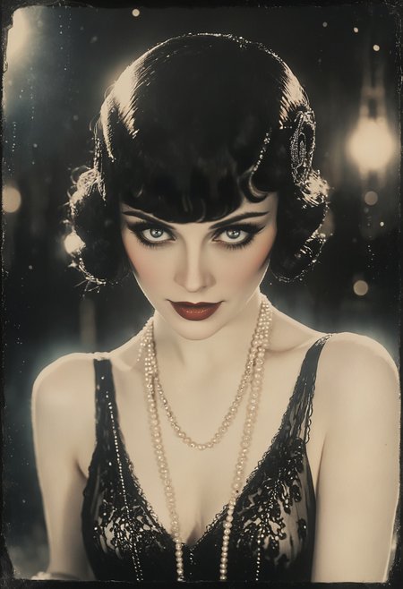 Bauhaus-Style Poster, (ArsMovieStill, 20s Silent Movie Still), (roaring 20s aesthetics), (silhouette:1.4), (flapper fashion, bright smile, pearl necklace). detailed face, stunning beauty, detailed skin, skin texture, skin pores, (freckles:0.9), luck of the irish, nighttime, bokeh, rain puddles, reflections, liminal fog, highly detailed, raw, gritty, realism, grainy texture, depth of field, grain <lora:20s_Silent_Movie:1>, simple geometric shapes, clean lines, primary colors, Bauhaus-Style Poster