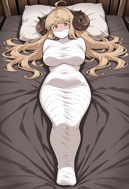 masterpiece, best quality, amazing quality, 1 girl, full body, <lora:Anila_Granblue_Fantasy_-_Illustrious:1>, anila_gbf, aniladefault, anila (granblue fantasy) (default), vetwrap, mummification \(bound\), white bandages, fine fabric emphasis, arms over chest, bound arms, bound legs, legs together, wrapped mouth, looking at viewer, struggling, lying down, on bed, embarrassed expression