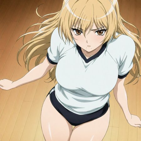 masterpiece,high score,great score,absurdres,solo,anime coloring,looking at viewer,cowboy_shot,<lora:RikoIchinose hassakuill30:1> rikoichinose, blonde hair, long hair, brown eyes, mole under mouth,gym uniform,black buruma,
