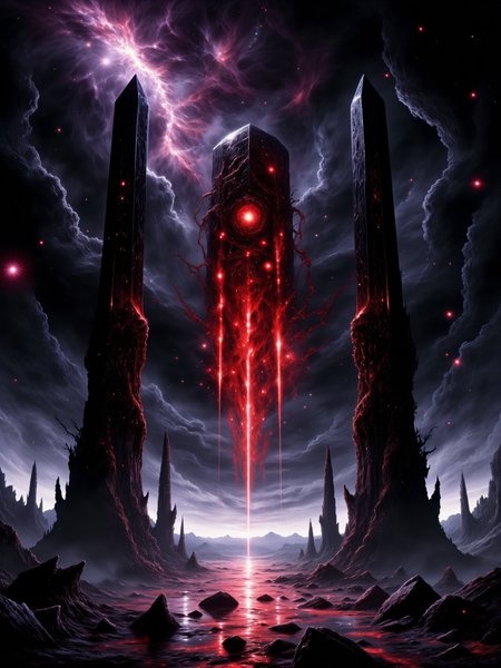 movie poster art, famous artwork in the style of dan mumford, eldritch dark fantasy painting, oil on canvas, an ominous, otherworldly landscape with towering obelisks in perfect symmetrical composition piercing the sky, each one obsidian black and jagged, the scene is set at an extremely low angle, forcing the viewer to gaze up at the immense monoliths, the perspective is distorted, making the obelisks feel overwhelming and oppressive, the focus of the image is a glowing red ornate artifact, hovering at the center of the composition, its surface swirling with eldritch energy, faint, pulsing light radiates from it, casting eerie red reflections on the surrounding ground, it stands out sharply against the surrounding darkness, drawing the eye toward its mysterious power, in the background, jagged rock formations rise from the barren, deserted landscape, their sharp edges silhouetted against the dark, foreboding night sky, far off in the distance, the terrain appears cracked and broken, the remnants of an ancient, forgotten world, the sky itself is a swirling mass of dark purples, deep greys, and faint red hues, with faint streaks of ethereal light cutting through the clouds, it feels heavy and oppressive, as though reality itself is bending under the weight of cosmic forces, the lighting is dramatic and minimal, the only source of illumination is the faint glow from the eldritch artifact and the dim light of the stars scattered across the sky, long shadows are cast across the rocky ground, adding to the sense of mystery and abandonment, the overall atmosphere is dark, eldritch, and mysterious, evoking a sense of unease, the scene feels deserted, with the obelisks standing as silent, ancient watchers of a forgotten and cursed land, the composition is symmetrical, adding an unnatural order to the chaotic landscape, while the palette of black, dark greys, reds, and purples emphasizes the eerie, ethereal quality of the image, highly detailed, intricate details, james web space telescope, cosmos, nebula in the sky, style of titian, <lora:style-titian-flux-by_tangbohu:0.4>  <lora:james_webb_space_telescope-flux-by_motimalu:0.44> <lora:style-dan_mumford-v2-flux-by_tangbohu:0.8> <lora:style-fantastic_landscapes-flux-by_artifyai:0.4> <lora:image_enhancer-flux-by_dever:0.8>