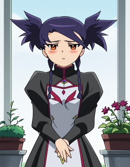 score_9, score_8_up, score_7_up, source_anime, <lora:nina-wang-s1-ponyxl-lora-nochekaiser:1>, nina wang, bangs, twintails, purple hair, braid, twin braids, orange eyes, anime screencap,, long sleeves, dress, jewelry, earrings, puffy sleeves, black dress, juliet sleeves,, gardening, watering plants, backyard, flowers blooming, sunny day, , <lora:x-fingers-ponyxl-lora-nochekaiser:1>, x fingers, blush, parted lips,, looking at viewer, solo,, dutch angle, cowboy shot