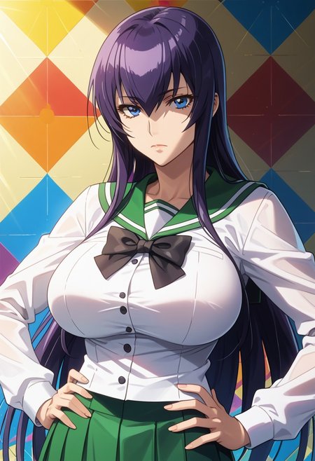 score_9, score_8_up, score_7_up, 1girl, looking at viewer, sunlight, abstract background, argyle background, rainbow, heart, upper body, close-up, portrait, 
<lora:Saeko_Busujima_Dwnsty_r1:0.8>, saeko_busujima, purple hair,  blue eyes, long hair, hair between eyes, school uniform, serafuku, green skirt, long skirt, pleated skirt, black bowtie,
lips, expressionless, large breasts, skindentation,  mature female, hands on own hips,