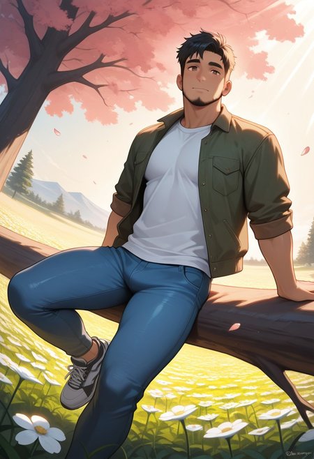 masterpiece, best quality, amazing quality, good quality, very awa, newest, highres, absurdres, warm light, lively and bustling atmosphere, background details visible, shiny skin, outdoor, flower field, tree, sky, sunbeam, solo, male focus,
1boy, torithor, bara, short hair, black hair, brown eyes, facial hair, shirt, jacket, jeans, sneakers,
dynamic pose, relaxing, fisheye, windy, (flying petal:1.5),