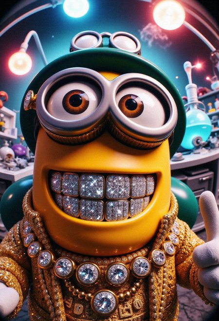 A yellow Minion alchemist exuding pure awesomeness, captured up close in a bold fisheye perspective that amplifies his confident swagger. His gleaming diamond Gr!llz take center stage, each gem sparkling like miniature prisms under dazzling light, creating a mesmerizing rainbow effect. The Minionâs iconic goggles, polished to perfection, reflect the vivid chaos of his alchemical workspaceâbubbling potions, glowing runes, and swirling magical vapors. Draped in intricately designed alchemist robes with embroidered golden patterns and a shimmering metallic sheen, he looks every bit the master of his craft. His pose radiates cool confidence as he leans into the frame, his wide, triumphant grin and sparkling Gr!llz dominating the composition. The fisheye distortion adds an epic dynamic to the scene, with the background warped into a whirlwind of glowing flasks, vibrant fumes, and radiant orbs of light. Bold, colorful lighting accentuates the Minionâs heroic aura, making this a legendary portrayal of an alchemist whoâs as cool as his Gr!llz are dazzling.<lora:Flux\LET ME SEE YOUR GRILLZ FLUX_Lora Gr!llz.safetensors:1.0:1.0>