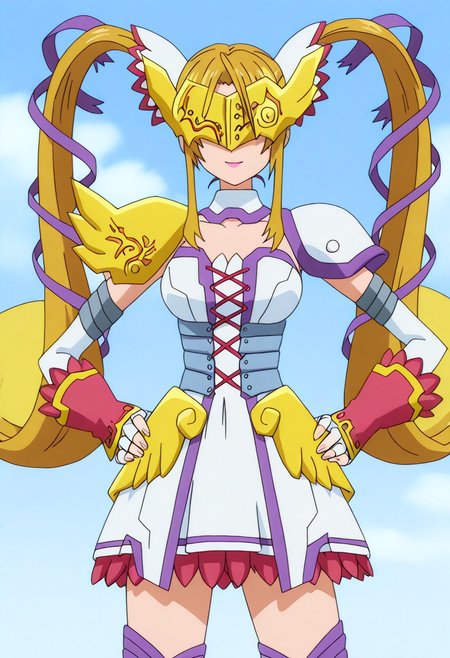 official art, detailed anime, ultra detailed anime art, anime screencap, screencap, score_9, score_8_up, score_7_up, score_6_up, masterpiece, anime coloring, source_anime, 1girl, solo, large breasts, magical girl, blonde hair, pink lips, twintails, digimon \(creature\), gloves, very long hair, armored dress, white dress, fingerless gloves, covered eyes, thighhighs, mask, armoded high thigh boots, shoulder armor, white gloves, elbow gloves, winged mask, mask, cleavage, asymetrical pauldrons, shoulder pads, armored mini skirt, detached collar, white thighhighs, hair ribbon, winged greaves, hair ornament, zettai ryouiki, detached sleeves
BREAK
cowboy shot, standing, hands on hips, generic green meadow, perfect weather, clouds on sky,
