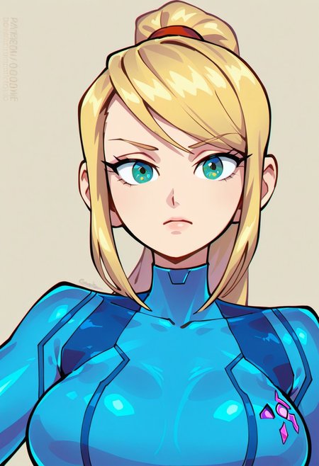 {{masterpiece,best quality,amazing quality,absurdres}}, {{flat shading, cel shading}}
BREAK
1girl, solo, upper body, simple background, portrait, looking at viewer, samus aran, breasts, blue zero suit