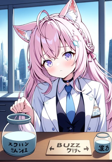 best quality, absurdres, recent, portrait, pastel colors, 
1girl, adult, tall female, hakui koyori, hololive, wolf ears, ahoge, crown braid, wolf tail, purple eyes, black business suit, white labcoat, blue necktie
bar, countertop, window, cityscape, indoors,tipping jar, sign, text:"Buzz Jar"