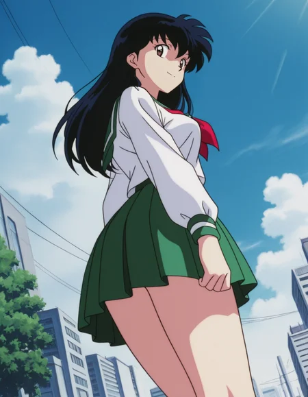 official style,Higurshi kagome (2000s anime analog),retro artstyle,black hair,long hair,bangs,brown eyes,school uniform,serafuku,green sailor collar,red neckerchief,white shirt,green pleated skirt,1girl,
(from below:2.5),(from side:2),
looking at viewer,
medium large breasts,
perky breasts,explicit,hair between eyes,(bold:3.12),thick outline,black outline,harsh lines,soft lines,deluster,boldline,curvy,slim,(hat:-1),
light smile,
dutch angle,(anime screencap),(anime coloring:1.2),anime screenshot, animated painting, animated gif,2d cel anime,anime cap,anime,anime style,anime cel,Cel shading,cel shaded,soft brightness,perfect face,perfect nose, perfect hair, perfect eyes,perfect female body,perfect skin,a face of perfect proportion,perfect lighting,perfect anatomy,perfect proportion,perfect hands,perfect legs,perfect fingers,masterpiece,super fine illustration,best quality,very aesthetic,absurdres,16k,intricate detail,amazing quality,detailed linework,vibrant colors,kawaii,flat color,city,day,sky,cloud,
 <lora:ç¬å¤åæ¥æ®ããã2000å¹´ä»£ã¢ãã¡ã¢ãã­ã°ä½ç»é¢¨illustriousInuyashaHigurashi_Kagome2000s_anime_analog_painting_Styleillustrious:1:0.8>