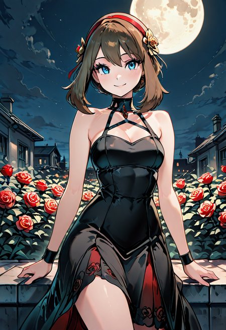 masterpiece, best quality, 1girl, solo, eyelashes, (beautiful eyes), smile, looking at viewer,    zzMayYorCitron, perched on rooftop ledge, full moon, wind tousling medium brown hair, red hairband, hair flower glowing faintly, sleek black dress, dagger in hand. Her blue eyes gleam under moonlightâan assassin watching from above, rose-scented danger cloaked in silence.    <lora:MayYorPokemonCitron_IXL:1.0>,