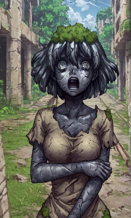 score_8_up, score_7_up, source_manga, rating_questionable, st0n3w0rld, turned to stone, stone statue, girl, scared expression, decayed clothing, cracks, growing moss, crumbling, plant growing, outdoors  <lora:Petrification_-_Stone_World_-_Dr_Stone:0.8>