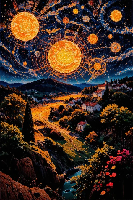 (roman city) Gabonese bright luminous starry night, beautiful landscape, woman, intricate, very detailed, sharp, colorful, multilayer surreal painting,  <lora:Hand v2:1> <lora:Anti-Blur:1> <lora:Insane Detail Slider:0.5>   <lora:Flux.1_Turbo_Detailer:0.6> <lora:flux-photo-transparent_Alpha_1.0:0.8> <lora:flux.1_lora_flyway_Epic-detail_v2:0.6> <lora:Painterly01b_CE_FLUX_AIT:1> pntrlyCE_style, <lora:VividlySurreal:0.8>