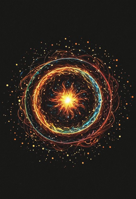 Abstract style <lora:R0k00bstr0ctHD:1>,r0k00bstr0cthd,r0k00bl0ckb0ckgr00ndhd,(shiny, fire, multicolored, black background, glowing, magic circle, aura), . Non-representational, colors and shapes, expression of feelings, imaginative, highly detailed