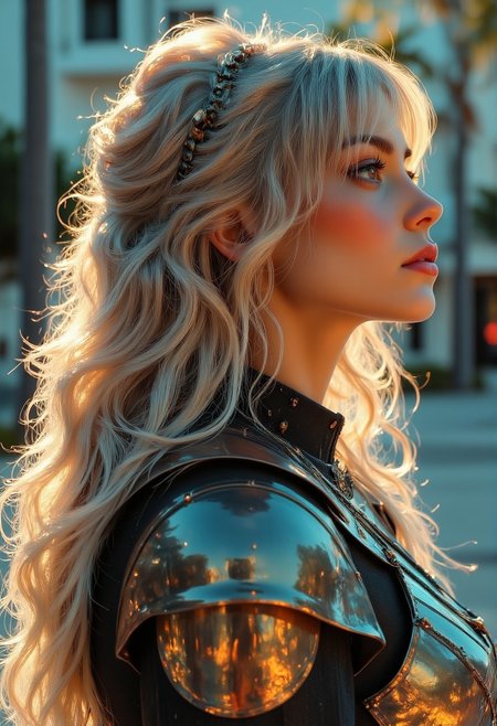closeup side portrait of korean woman wearing fantasy leather and bronze plate armour, long messily bleached hair, bangs, with solarization Gradient style effect