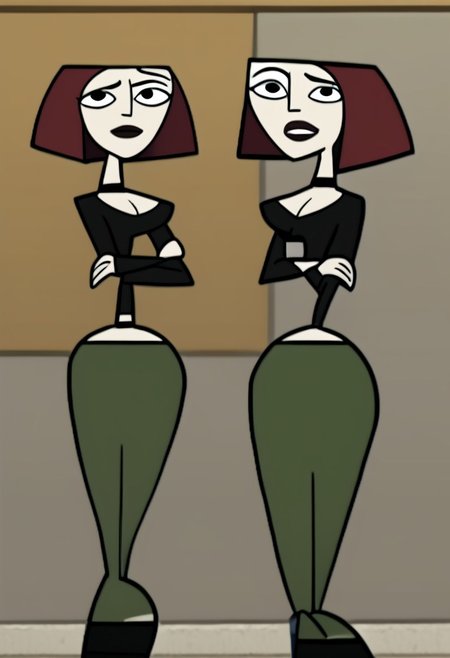 score_9, score_8_up, 2D, 1girl, solo, source_cartoon, cowboy shot, closeup, joan of arc, wide hips, narrow waist, 1girl, solo, solo focus, looking at viewer, choker, black eyes, lipstick, black top, long sleeves, cleavage, crossed arms, standing, midriff, green pants, black boots, indoors, school <lora:JoanSDXL:1>  <lora:Smooth Anime 2 Style SDXL_LoRA_Pony Diffusion V6 XL:0.65>