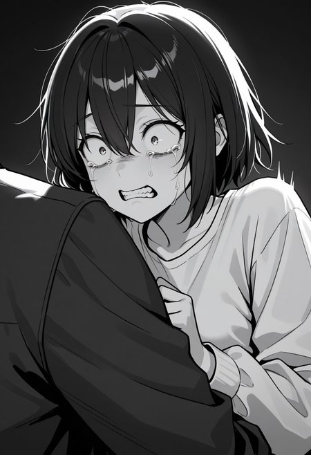 masterpiece, best quality, 32k, high resolution, absurdres, constricted pupils, shirt, hetero, scared, long sleeves, surprised, teeth, hair between eyes, crying with eyes open, short hair, crying
