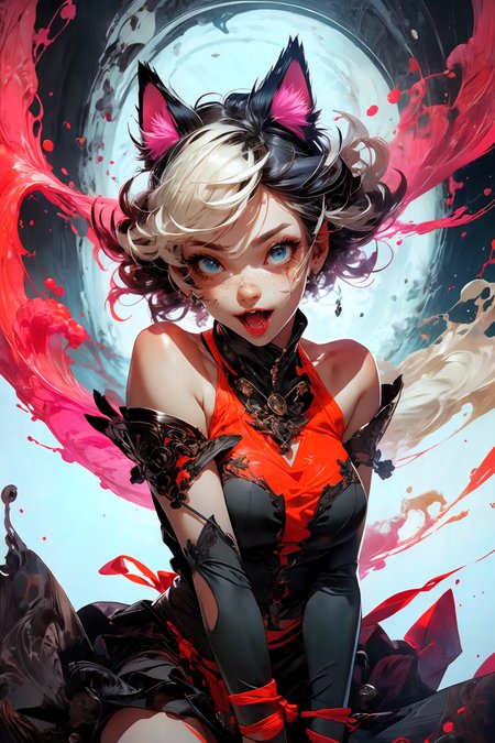 cat ears, (best quality, masterpiece1.2), (detailed eye:1.2), intricate detail, depth of field, cat ear, 1girl,upper body,  curly hair, fang, off shoulder, heterochromia,  freckles, blush, skirt, large breasts, kneehighs, open mouth, fangs, all fours, from above, cat tail, pov, pov hands, catnip
<lora:more_details:0.4>
 <lora:Cosmic anime-oil fusion v2:0.45> 
<lora:AnimeVibesV3:0.3> animevibes, 
<lora:3DMM_V11:0.5> 3DMM 
<lora:midjourney_20230624181825:0.65> midjourney ,
 <lora:LAS:0.45> cloud,colorful,
<lora:msw_locon-t2:0.5>
 <lora:wuxia2:0.45> gu, shiny, shiny hair, shiny skin, shiny clothes
