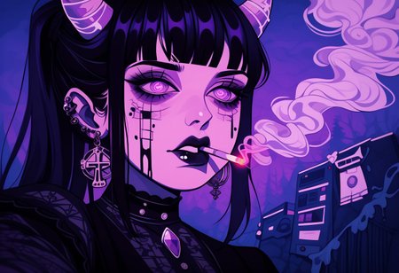 score_9, score_8_up, score_7_up, score_6_up,1girl
hinata hyuga,  black hair, long hair, fringe cut, ponytail hairstyle, purple eyes, soni horn, link horns,
pastel paint, vamp style, taking a selfie, detailed, near to the sea, up a bridge, goth clothes, goth dress, cross earrings, fangs, jewel eyes,cold tones,
goth core, vamp goth, goth style, black dress, lollita dress, smoking a cigarette, cigarette in mouth, melting, vapor, smoke, glitch, horror (theme), glowing, zPDXL2, smoke from eyes, red smoke, horror in the smoke, evil faces, horror,
 standing,  detailed eyes, beautyfull face, 
outdoor,
