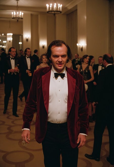 Shin1ng, Jack Torrance, man, ballroom, party, people, Overlook Hotel, indoors, (stylish grainy 35mm analog film photo)