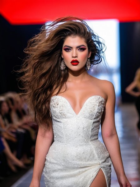 Cinematic fashion photograph  Amina_Massoud_P_MXAI_SDXL , red lips, dramatic makeup, windblown hair, walking down a fashion runway, wearing sexy haute couture, walking towards the camera, bokeh,