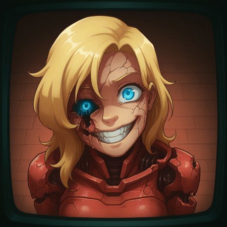 Ellie Buckingham, ((Bright Blond hair)), Blond Hair, Blond Bright blue eyes. Western Style Artwork. Bold Lines, 
high detail, high res, detailed eyes
masterpiece, good quality, best quality, robot girl, missing eye, crazy, creepy, horror, grin, 1girl, broken, R3troCRTGr33n, monochrome,security footage,red theme, framed, from above, from angle, hanging jaw, headtilt, damaged robot, missing arm