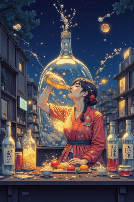 a japanese woman drinking a huge bottle of sake beautiful  anime landscape, bright luminous night, woman, very intricate, very detailed, sharp, bright, colorful, <lora:Hand v2:0.5> <lora:Anti-Blur:1><lora:Insane Detail Slider:0.25>  <lora:flux.1_lora_flyway_Epic-detail_v2:0.3> <lora:fluxenhancer:0.25> <lora:ROWER:0.6>  <lora:Surreal Anime - 2k steps:1>