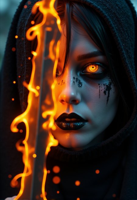 Horror-themed сlose-up. The battle witch. (katana flaming sword in front of you, shiny metal:1.3). (black gaping eyes, fire in the eyes:1.2). (black-fire pupils:1.2). Black veins, black lips and black mouth paint. Pale gray face, pale dry lips. Glare, flying particles of flame and embers. Scary and mystical atmosphere.
 <lora:DarksunRiddV4:1> 
<lora:New_Fantasy_CoreV4_FLUX:1>
 <lora:FL-bailing-24-0906Fire Spirit:0.7> bailing_fire, A girl made entirely of flames stands. Eerie, unsettling, dark, spooky, suspenseful, grim, highly detailed