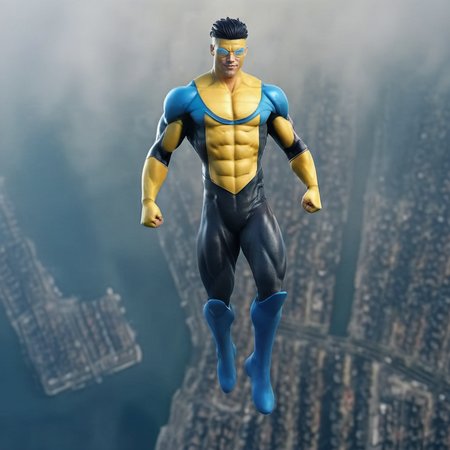 a muscular man, wears a yellow and blue costume, full body, flying over a city, detailed face,  highly detailed, photography, ultra sharp, film, bokeh, professional, 4k    <lora:Invincible_V2_-_SDXL:0.8>