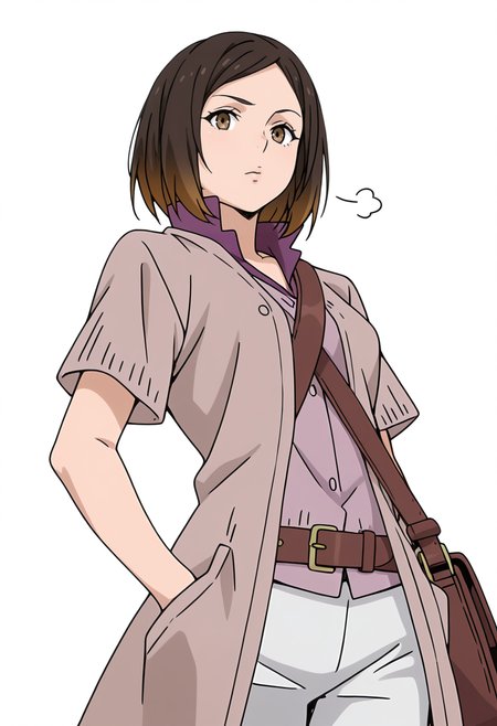Smooth Quality,masterpiece,very intricate, high quality details, ultra realistic, high detailed skin,detailed enviorement,absurdres,
simple background, white background,solo,
walking pose, one hand in pocket, head slightly turned, casual stride, confident aura,  ,from below,sigh,
 <lora:Kirara_Mizutani_cnn:0.8> 1girl, short hair, brown hair, multicolored hair, two-tone hair, brown eyes, at viewer, upper body,shirt, short sleeves, collared shirt, coat, pants, purple shirt,brown belt, shoulder bag,