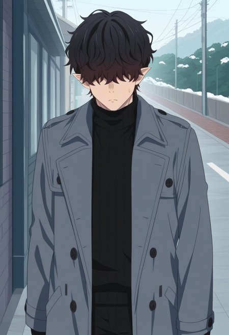 masterpiece,best quality,amazing quality, source_anime, 
Warumonosan, 1boy, male focus, solo, pointy ears, hair over eyes, brown hair, sweater, black sweater, turtleneck, coat, grey coat, open coat,
outdoor,