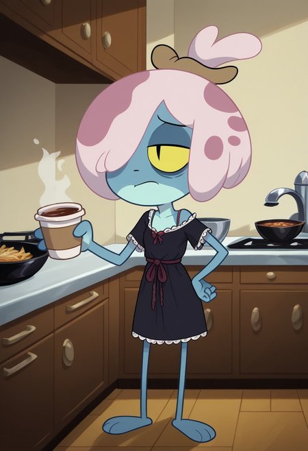 score_9, score_8_up, score_7_up, score_6_up, score_5_up, score_4_up,show accurate, perfect anatomy, perfect hands,
four fingers per hand and two toes per foot. light pink hair with dark pink spots, long hair, hair covering one eye, yellow eyes with black, slit pupils, noodle arms, noodle legs, little breasts, thin waist, slim hips no nose,
hair down, wear only lace nightgown,
 perfect hands, show accurate, perfect anatomy, med body,
indoors, small perky breasts, kitchen, hand on hip, loose clothing, holding a cup of coffee in hand, sleepy eyes, bags under eyes, loose clothes,baggy clothes,
