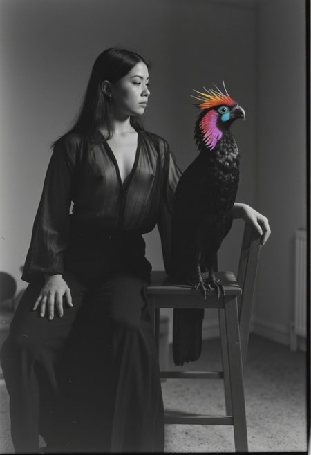 See through blouse, Monochrome Vintage analog Photo, Film grain, a Sideview photo of a female feudal busty ninja with long hair, dressed in a black Hanfu, her breasts are visible through the transparent fabric of her blouse, sits casually on a wide-legged wooden stool. One arm is extended, and a majestic vibrant dark-neon {white|blue|red|yellow|pink} colorful exotic bird with outstretched wings perches gracefully on it. The photo should be in black and white with a color spot, emphasizing the contrast and elegance of the scene.