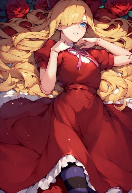 score_9, score_8_up, score_7_up, bungoelise, red bow, red dress, striped legwear, 1girl, solo, blue eyes, blonde hair, dress, flower, lying, hair over one eye, rose, joints, doll joints