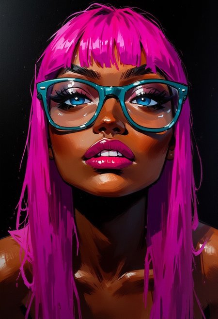 close-up oil painting portrait rendered in a loose, impressionistic style with thick, expressive brush strokes. It depicts a sexy african asian chick, long magenta hair with straight bangs, teal rimmed glasses,dark chocolate skin, magenta lipstick, bright blue eyes, soft smile, magenta fingernails, wet skin, the background is black, and she is covered in darkness.