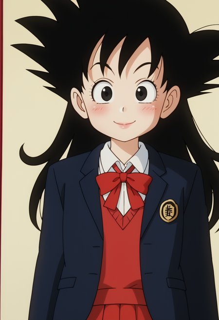 score_9, score_8_up, score_7_up , , source_anime, intricate details, masterpiece, high quality, prefect hands, best quality,, 1girl, solo,  upper body , anime screencap,
,indoor ,
smile
, GGoku , black hair, black eyes, big eyeballs , spiked hair , long hair  ,    eyelash , lips  , cute , blush ,  small breast ,   chibi , <lora:GGoku-000003:0.7>,
 <lora:school uniform cardigan_pony_V1.2:1> school uniform,blue blazer, khhaki cardigan, blue skirt