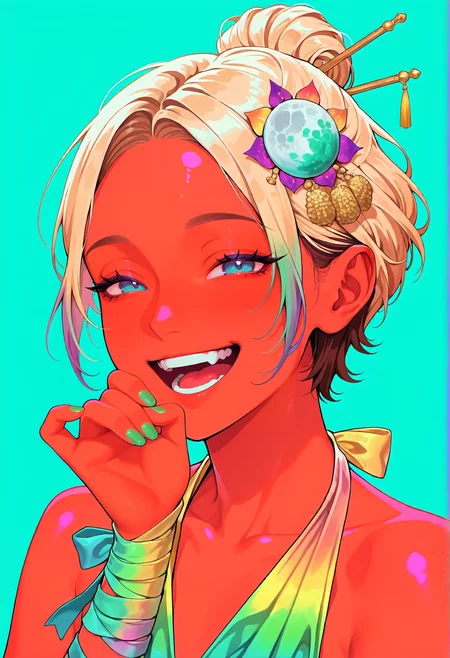 pantyshot, 1girl,solo,looking at viewer,grey-blue eyes,very short hair,natural blonde,Moon Hair Ornament,hand pinky swear ,Wild Plantain flower,half-up half-down hairstyle ,happy, laughing,tassel,ribbon,portrait,colorful,aqua background, multicolored hair,nail polish, fingernails,green nails, Wrist wraps, Bow ties, halter dress,
<lora:cuso4XLNBVP1lokrV6311PZ:0.5>,
<lora:NOOB_vp1_detailer_by_volnovik_v1:0.5>,
<lora:TrendCraft_The_Peoples_Style_Detailer-v1.0A-3_13_2025-NoobVPRED:1>,