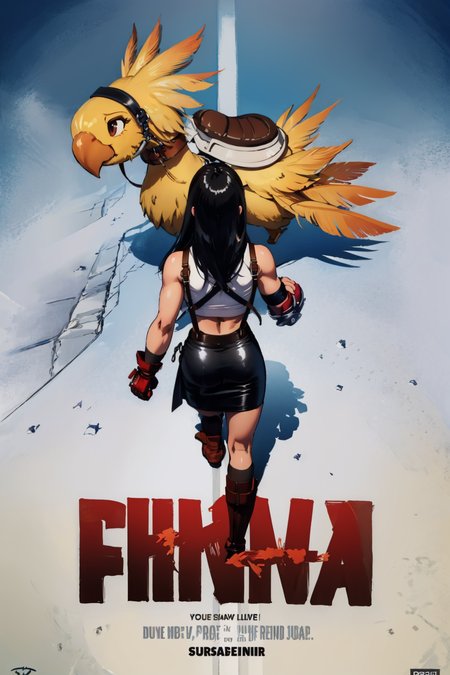 masterpiece, best quality, <lora:concept_akiraposter-11:1> akiraposter, from above, from behind, walking, chocobo <lora:chocobo-nvwls-v1:1>   <lora:tifa-nvwls-v1-final:0.8> defTifa, white crop top, elbow pad, fingerless gloves, suspenders, pencil skirt, black socks, red boots