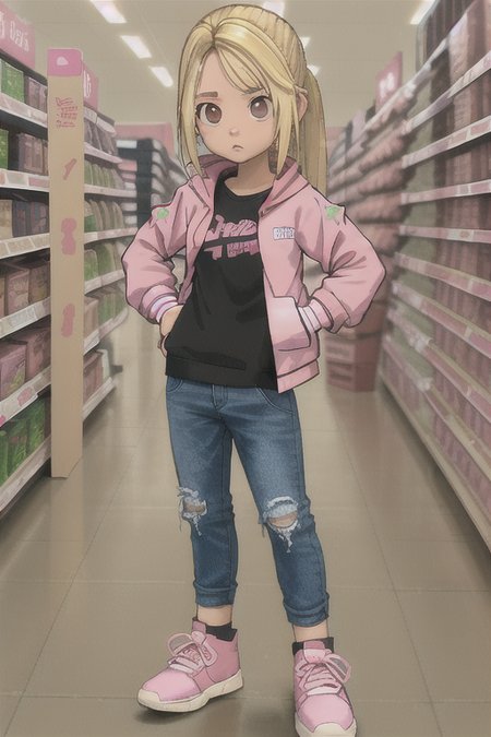 <lora:GameGirl:0.4> 1girl, GameGirl, brown eyes, (blonde hair with pink highlight streaks),  flat chest,  in a grocery store, in streetwear and a jacket, high-top sneakers, black clothing