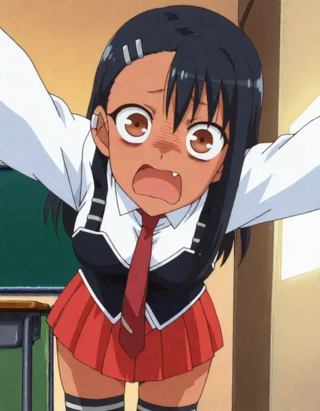 anime screencap, masterpiece, best quality, school classroom,
<lora:IjiranaideNagatoro_Nagatoro_IlluXL:1>,
1girl, solo, open mouth,  fang, scared,  dark skin,
long hair, black hair, asymmetrical bangs, brown eyes, hairclip, earclip,
standing, looking at viewer, cowboy shot, 
<lora:bb_uniform_ilxl_v1:0.8> BB_Uniform, school uniform, black vest, white shirt, sleeve cuffs, red necktie, pleated skirt, red skirt, black thighhighs