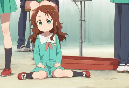 rikos, saisch, long hair, green skirt, brown hair, hair ornament, green eyes, flower, hair flower, school uniform, shoes, socks, uwabaki,  thighhighs,    sitting,   score_9, score_8_up, score_7_up, ,source_anime, best quality, masterpiece,   , full body view,  1girl , solo , girl focus , hands on hips,
