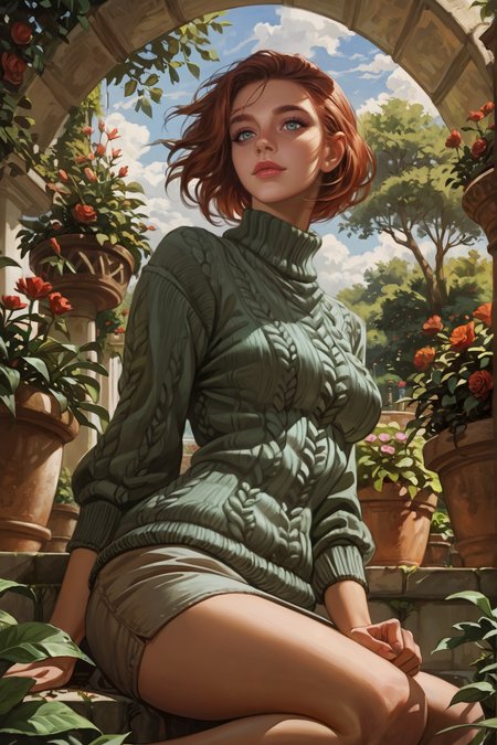 score_9_up, score_8_up, score_7_up, Casual, detailed background, masterpiece, realistic face,
1woman, garden, from below, partial cloudy, 
BREAK
trees, potted plants,
BREAK
1woman, Angora sweater, short skirt, kneeling, auburn hair, feathered ends, short hair,
original,
<lora:incase---1:0.3><lora:D4lm4uXLP:0.7> d4lm4u <lora:kyuyong:0.9> kyuyongeom