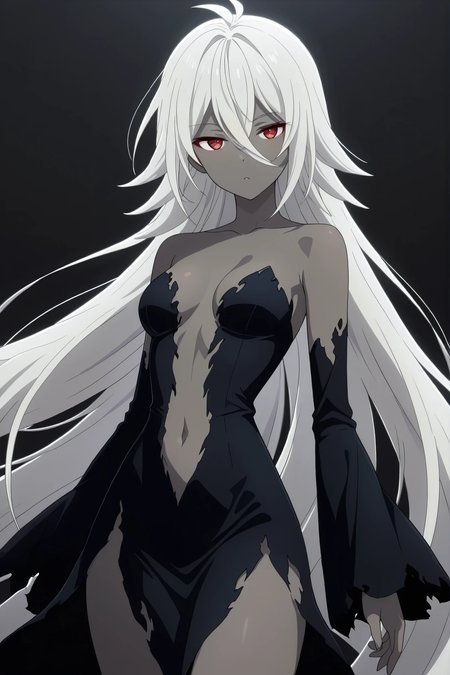 masterpiece, best quality, amazing quality,1girl, solo, BREAK
nebul1s3ev3,white hair, very long hair,red eyes,dark skin,black torn strapless dress, navel cutout,
BREAK
,cowboy shot,looking at viewer
