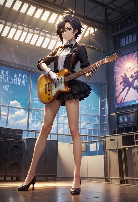 score_9,score_8_up,score_7_up,score_6_up,source_anime, <lora:Worldly_XL:1> (interior, skylight, rooflight:1.8), (concert background, microphone stand: 1.3), ((((playing guitar:2))))
1girl, solo, full figure, standing, dynamic pose, singing, dancing, <lora:KikuchiMakoto_pony_v1:0.9> kikuchi makoto, kkcmkt, short hair, black hair, antenna hair, hair between eyes, black eyes, flat chest, small breasts,  (long legs:1.2), tuxedo, black shoes, delicate strappy heels, white gloves <lora:StS_detail_slider_v1:1>
zPDXL, zPDXL-neg