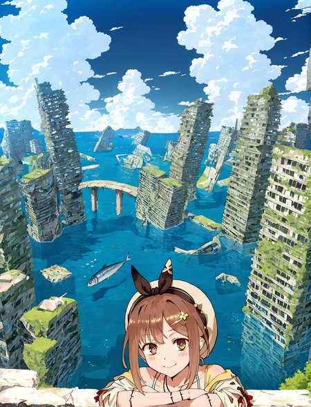 reisalin stout,,anime screenshot,solo,1girl,looking at viewer,smile,long hair, blush,,simple background,white background,upper body,scenery,building,city,water,cityscape,sky,outdoors,cloud,cloudy sky,bridge,day,ruins,skyscraper,blue sky,ocean,tower,tree,fish,masterpiece, best quality, very aesthetic, absurdres,, ,<lora:Anime Pinups-NAI:1> <lora:Submerged ruins-NAI:1>