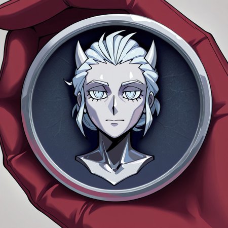 masterpiece, best quality, newest, absurdres, highres, anime, anime style, TheC0in, objectification, 
TheC0in-silver, silver, silver coin, coin, made of silver, silver skin, silver hair,
1girl, justice_(helltaker),