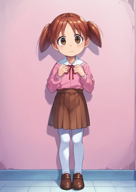score_9, score_8_up, score_7_up, score_6_up, source_anime, zPDXL, <lora:ALTXL_pony_0061_8:2>, BREAK
1girl, solo,  <lora:Mihama_Chiyo_Chiyo-Chan:0.9> chiyo, twintails, Auburn hair, brown eyes, short twintails, little girl, child, leaning against a wall, casual, school uniform, brown loafers, brown skirt, pink shirt, white collar, red ribbon, neck ribbon,  <lora:Cotton_Tights:1> ribbed tights, white tights,