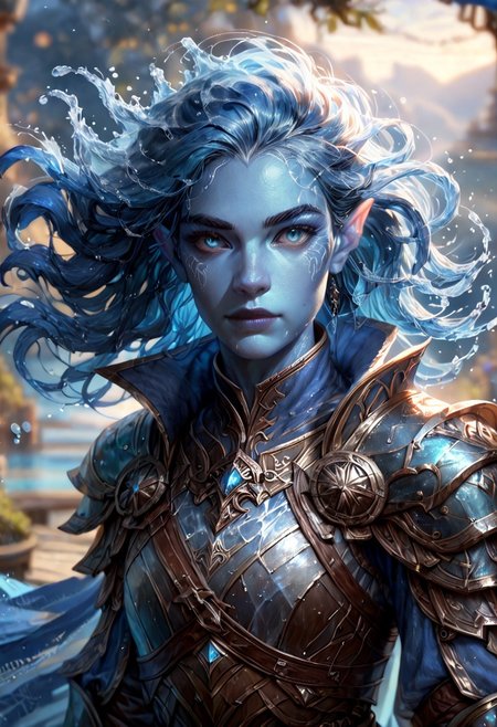 (((detailed, beautiful, high quality))), upper Body, score_9, score_8_up, score_7_up,
watergenasi, pointed ears, floating hair, liquid hair, wet clothes, wet body,
1 girl, blue skin, blue hair, armor,
looking at the viewer, posing, blurred background, blurred fantasy background,