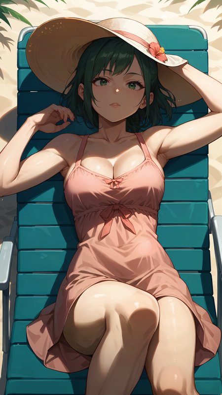 score_9,score_8_up,score_7_up,score_6_up, <lora:xl_more_art-full_v1:0.5>, source_anime, woman, dynamic pose, in ecstasy, <lora:Inko Midoriya - Pony-000004:0.8>, green hair, short ponytail, green eyes, pink sundress, vacation,  cleavage, sun hat, sunbathing, reclining, sunbathing chair,