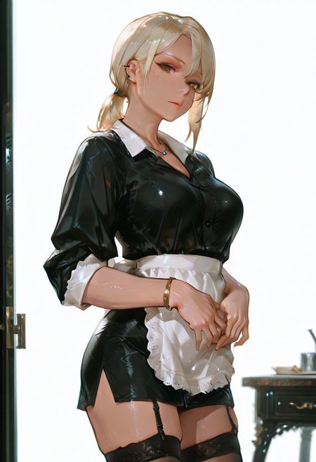 masterpiece, best quality, hyper-realistic, ultra-HD, luminous lighting, cinematic ambiance, shimmering gradients, ethereal glow, deep contrast, rich color tones, seductive atmosphere, captivating sensuality, Cinematic Lighting, raytracing, volumetric lighting, ambient occlusion, very awa, absurdres, amazing quality, ultra-detailed,8K,illustration,CG,
BREAK
shiny hair,clear skin,ultra-detailed-eyes,simple background,cute girl, eyelashes, slender, long hair, large breasts, (mature female:1.1), uncensored, slim body, 
BREAK
usnr, good_hands, white background, 748cmstyle, 
nagisa, brown eyes, blonde hair, medium hair, large breasts, dark skin, ear piercing, pendant, bracelet, cowboy shot, maid, apron, thighhighs, garter straps, black dress,Ponytail, from viewer,